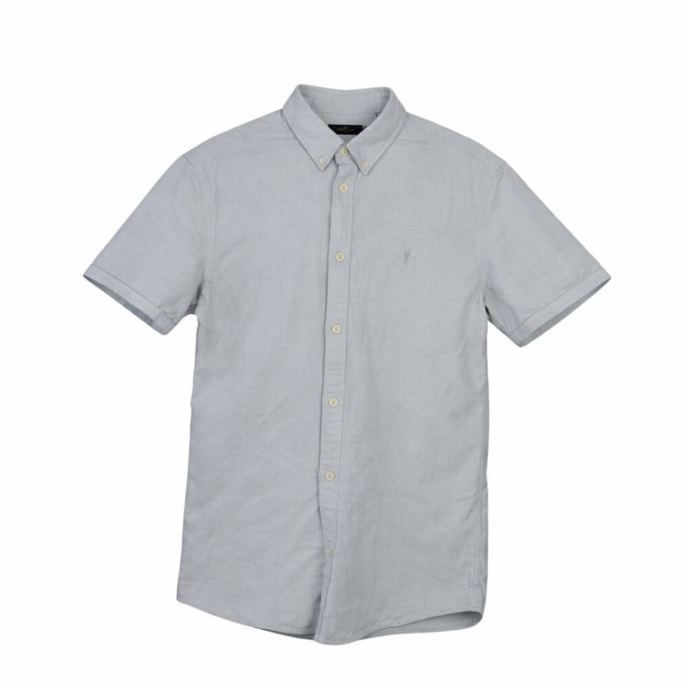 AllSaints Huntingdon Short Sleeve Grey Cotton Slim Fit Button Down Shirt